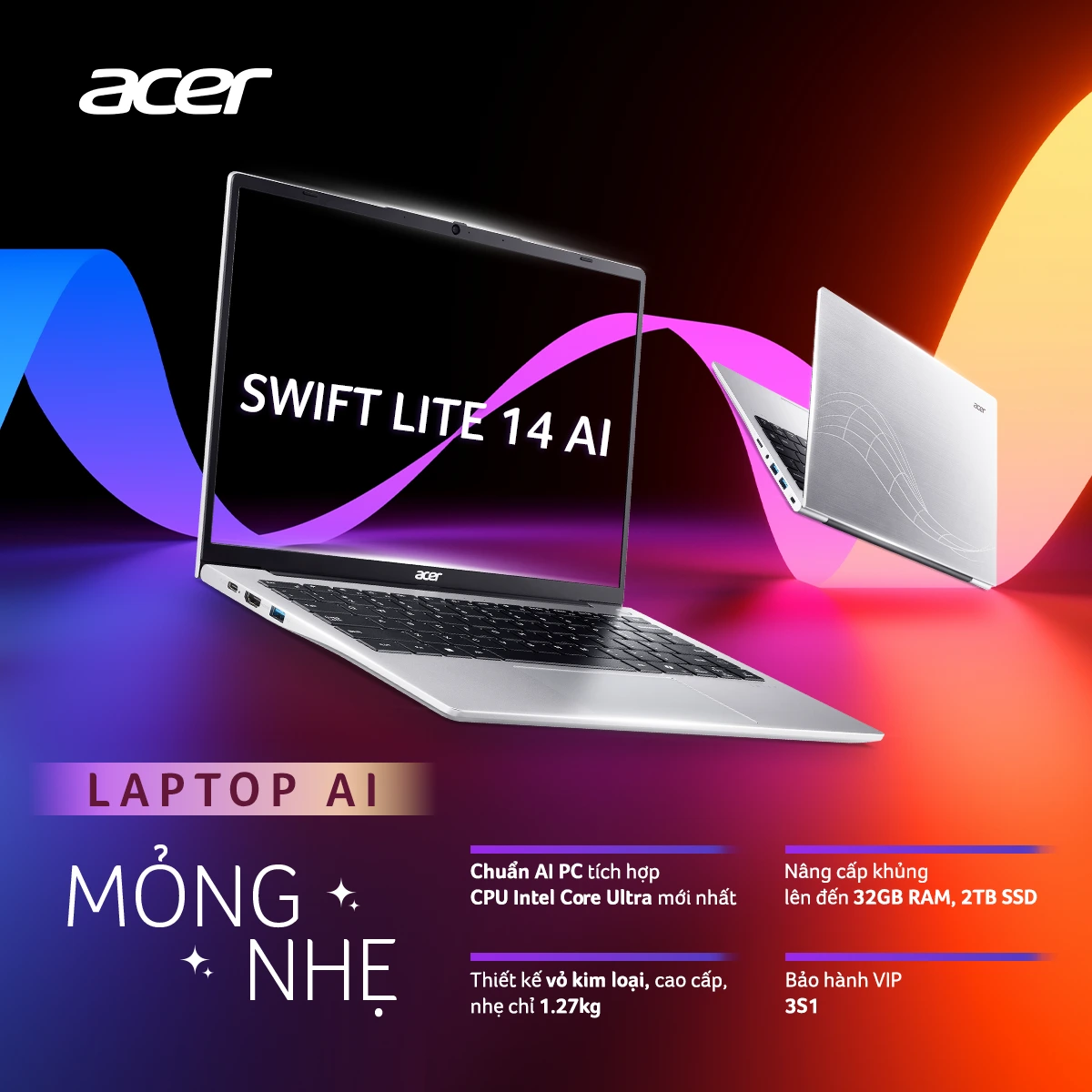 Acer Swift Lite 14 AI SFL14-51M - Laptop AI Mỏng Nhẹ Giá Tốt Cho Học Sinh Sinh Viên Nhân Viên Văn Phòng