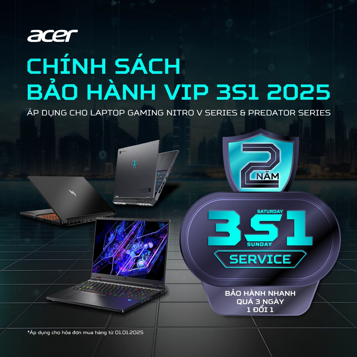 Chính Sách Bảo Hành VIP 2 Năm 3S1 2025 - Gaming Nitro V & Predator - 1200x1200