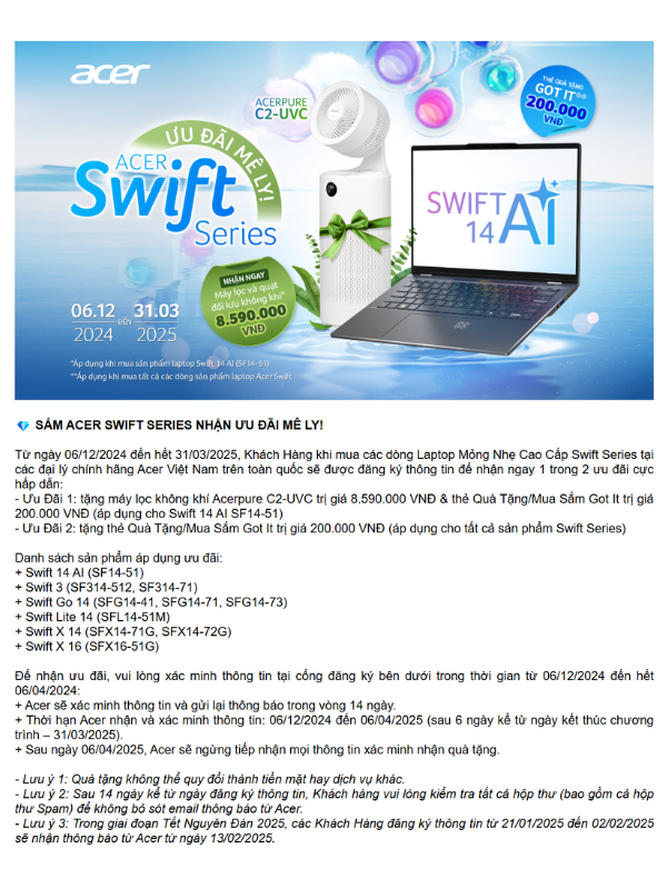 Swift Series Ưu Đãi Mê Ly - Acer Việt Nam - Form Đăng Ký